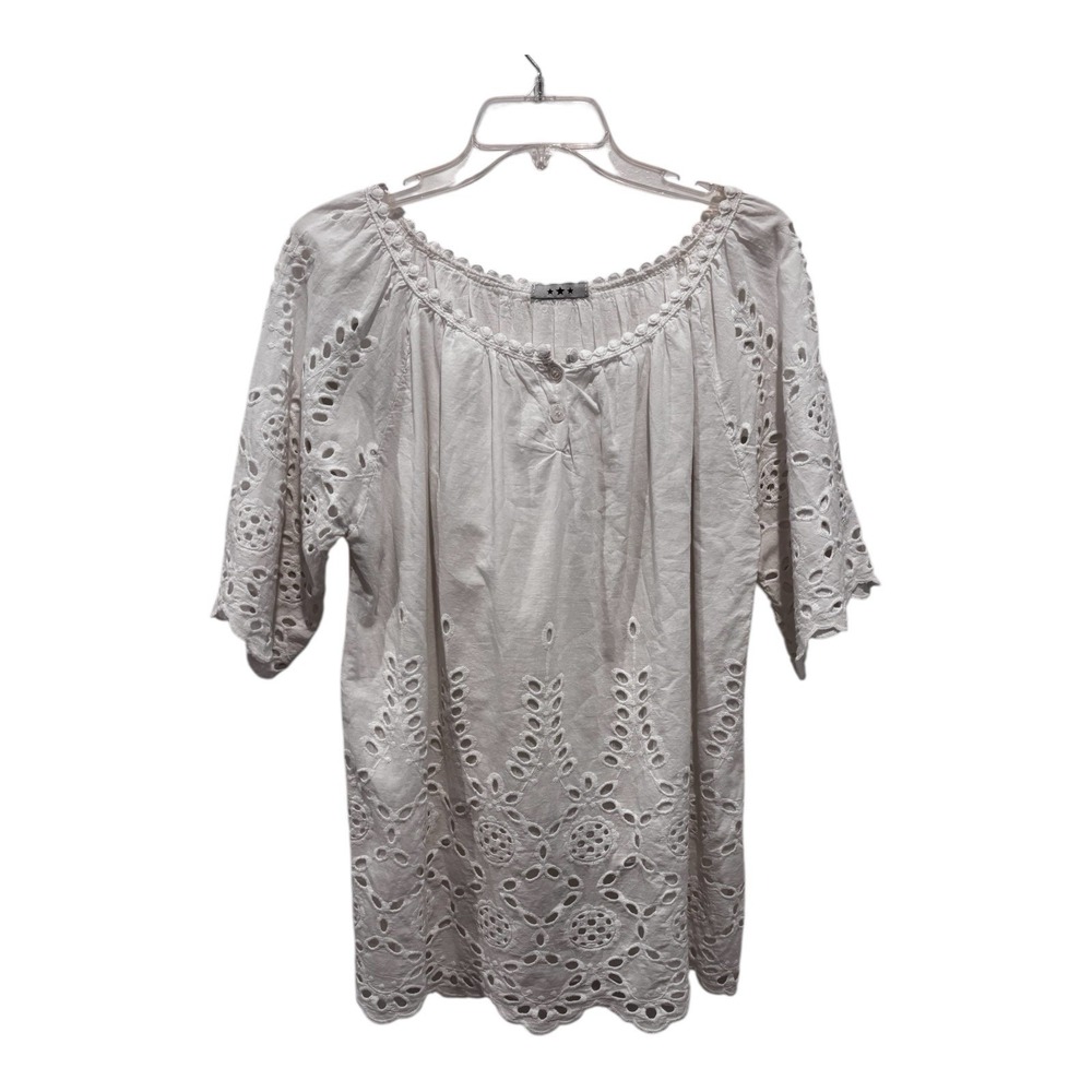 Italian Cotton Eyelet Peasant Blouse White Boho Scoop Neck Medium‎